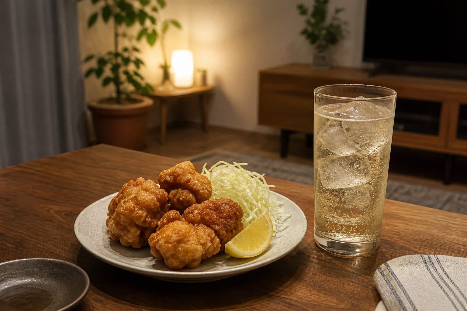 唐揚げと千切りキャベツの皿に添えられた氷入りのハイボール