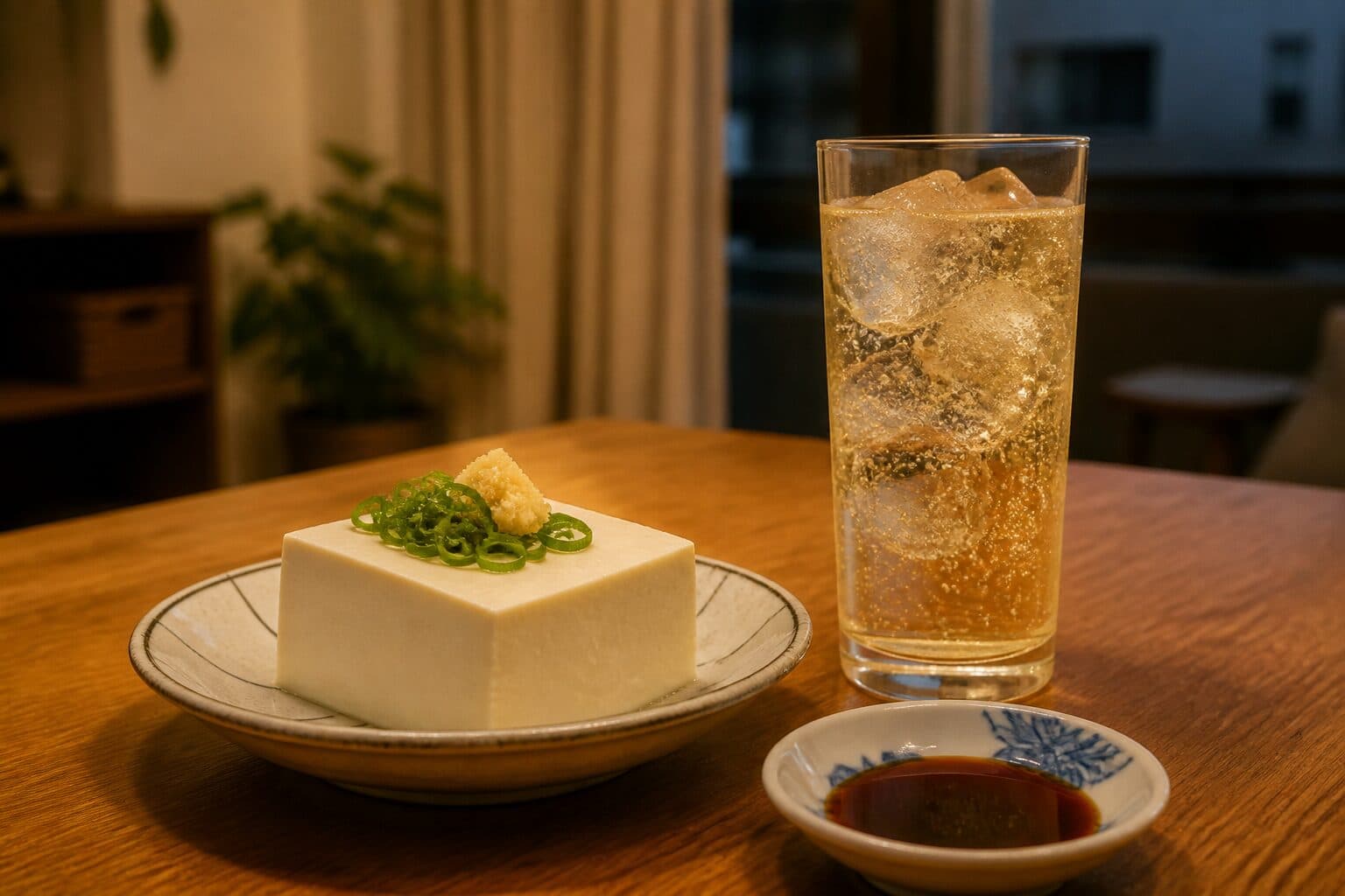 薬味をのせた冷奴と氷入りのハイボールが並ぶ木の食卓