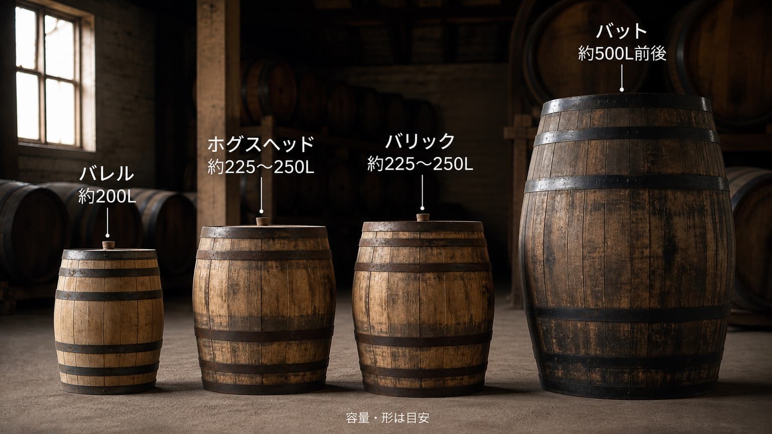バレル、ホグスヘッド、バリック、バットを容量の目安とともに並べた樽サイズ比較図