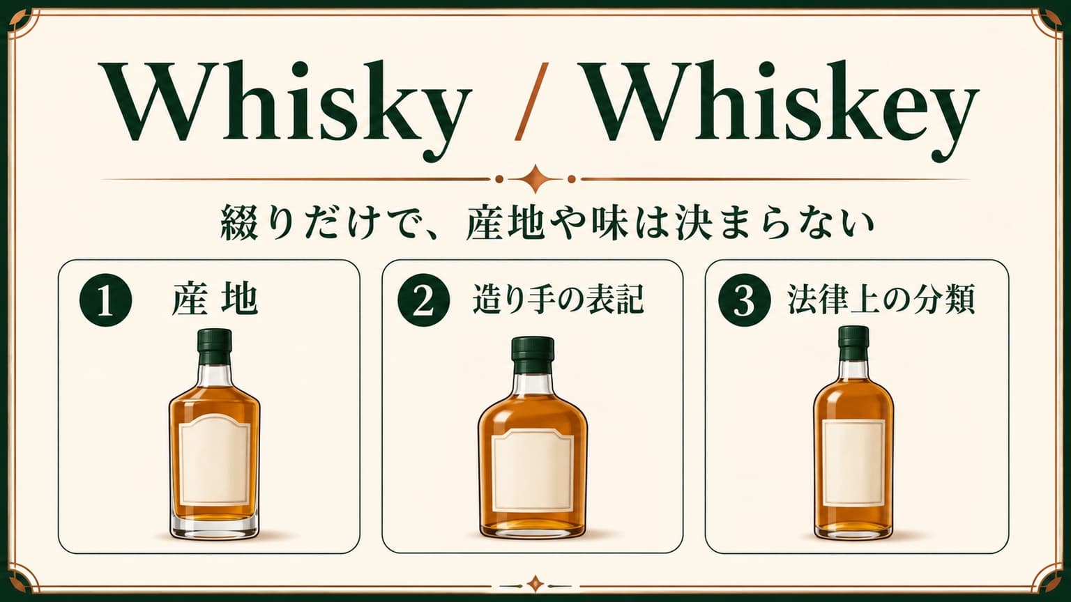 WhiskyとWhiskeyの綴りと、産地、造り手の表記、法律上の分類を確認する3項目の図