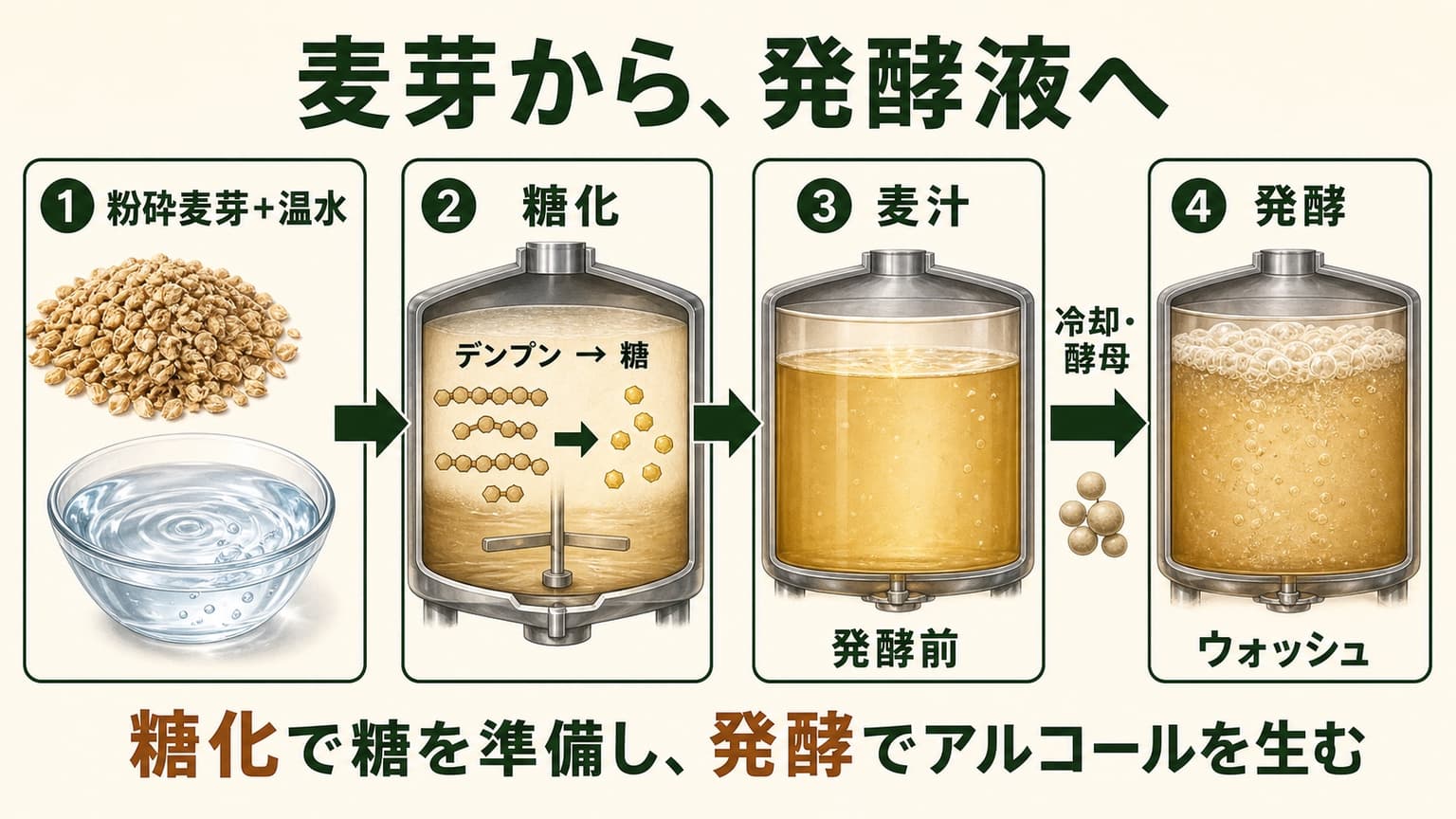 粉砕した麦芽と温水から糖化、発酵前の麦汁、発酵後のウォッシュへ進む概念図