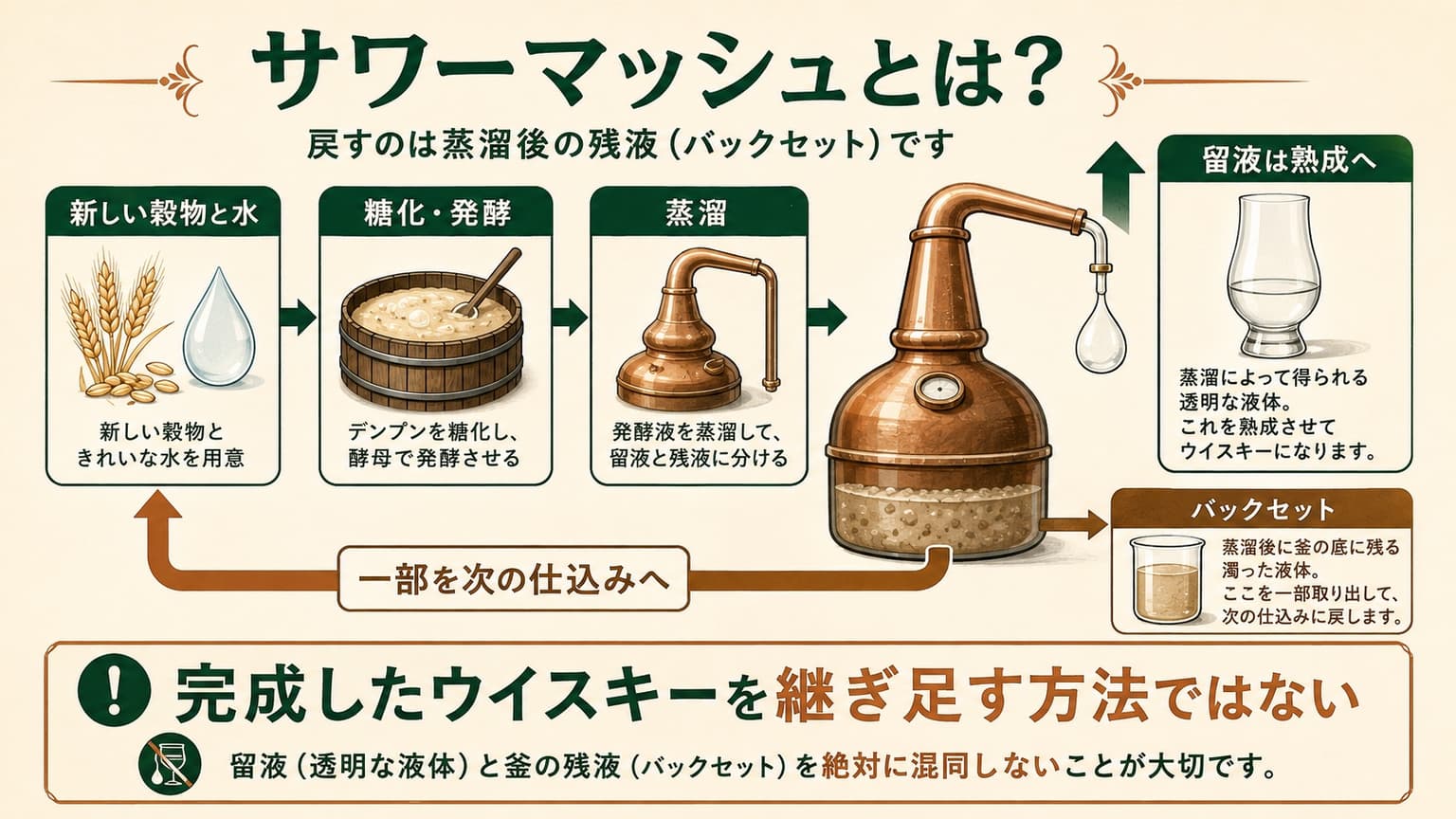 蒸溜で得た留液を熟成へ送り、釜に残った液体の一部を次の仕込みへ戻す図