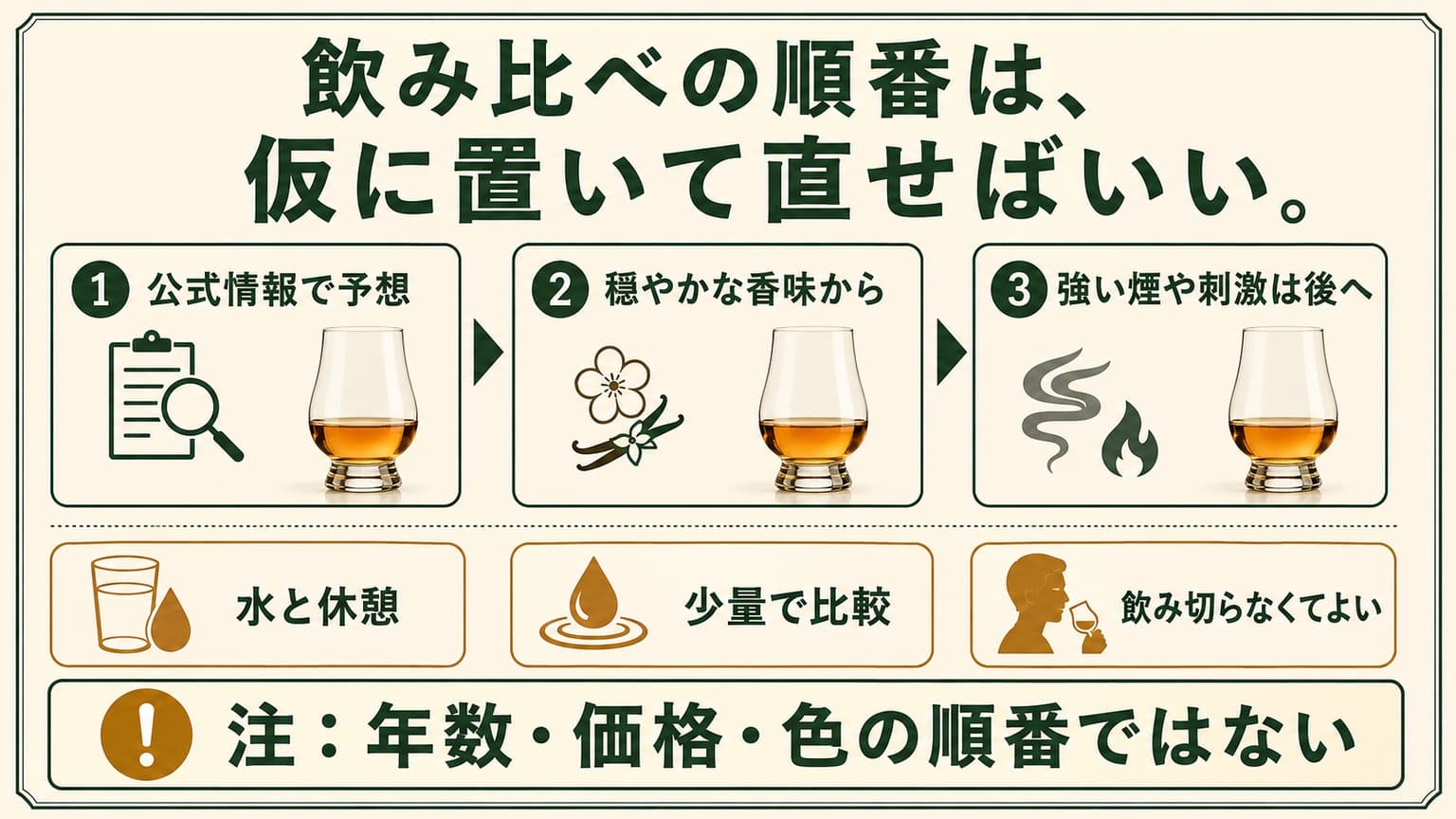 公式情報から香味を予想し、穏やかなものから強い煙や刺激へ仮置きする順番の図