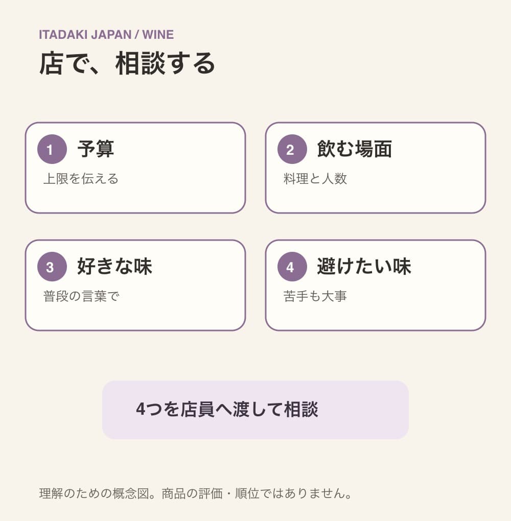 予算、飲む場面、好きな味、避けたい味を店員へ伝える4項目の会話カード
