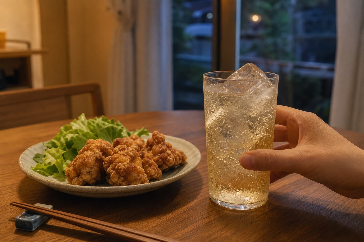 唐揚げの皿の隣に置かれた、炭酸と氷が涼やかなハイボール