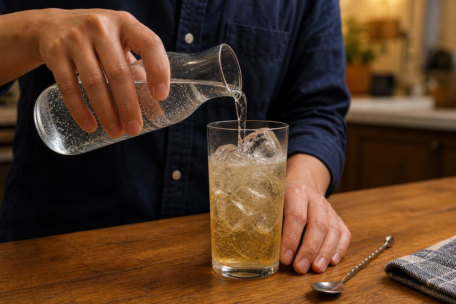 氷とウィスキーを入れたグラスへ炭酸水を静かに注ぐ手元
