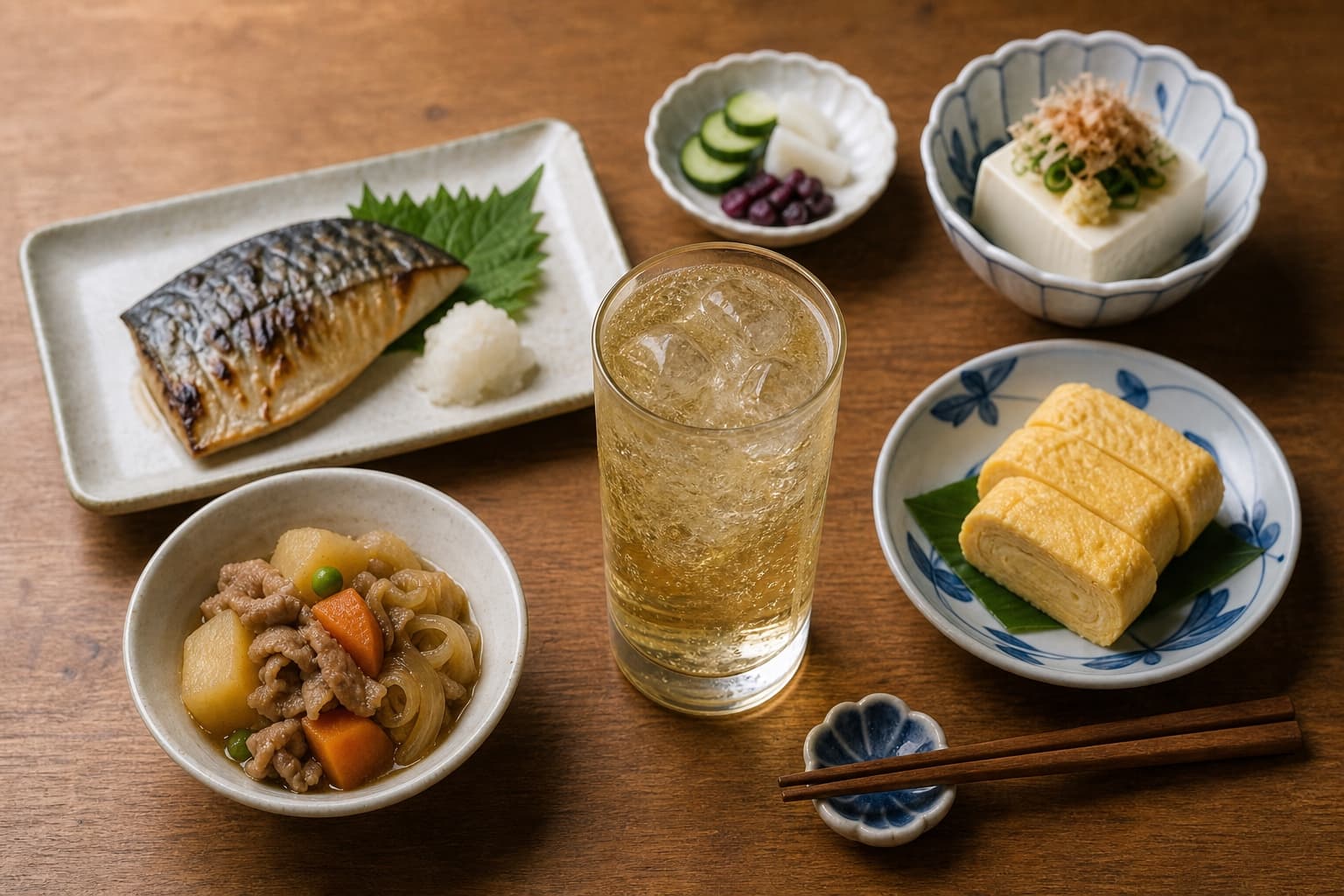 焼き魚、肉じゃが、冷ややっこ、だし巻き卵とハイボールが並ぶ食卓