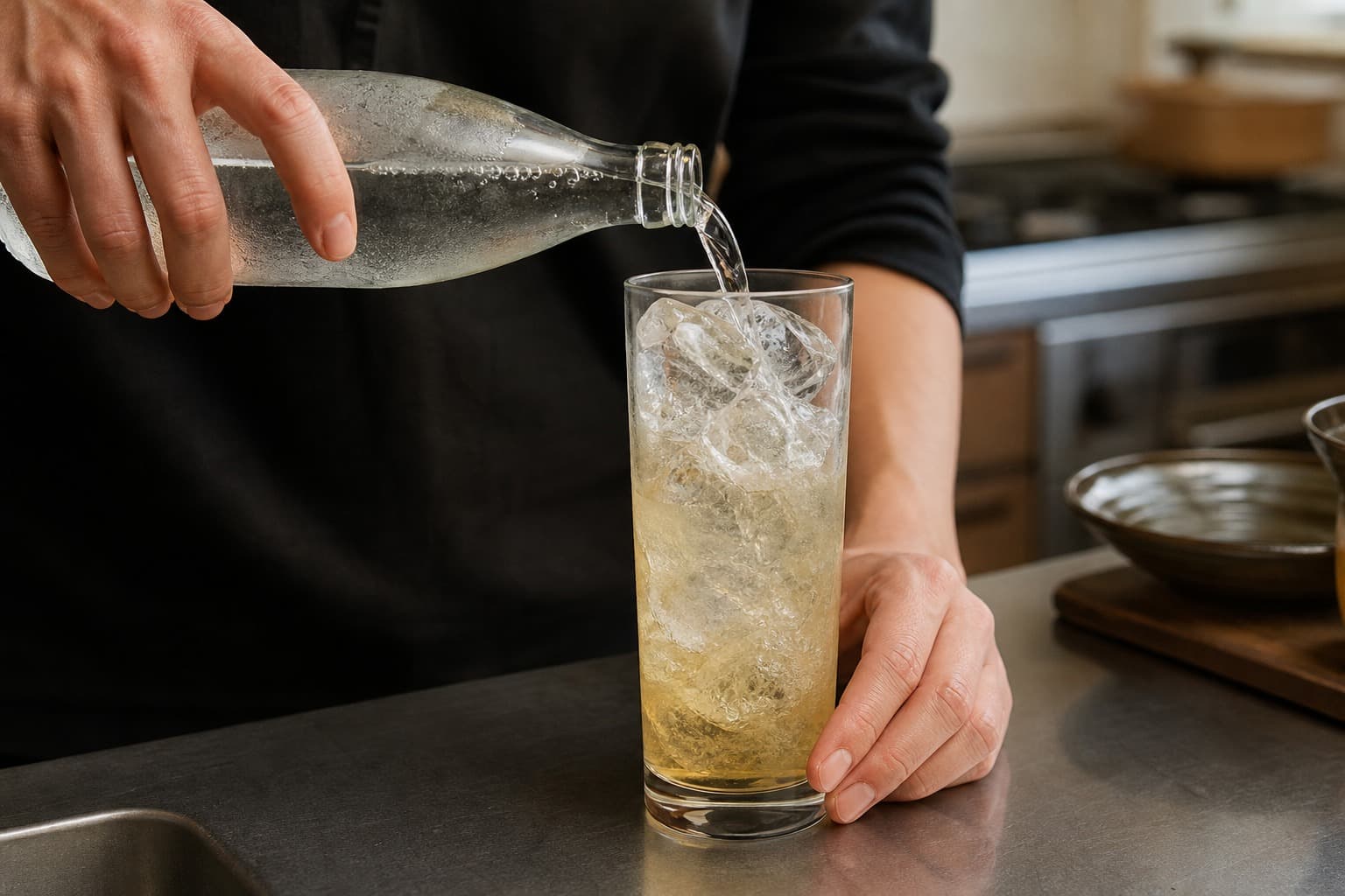 氷を入れたグラスへ冷えた炭酸水を静かに注ぐ手元