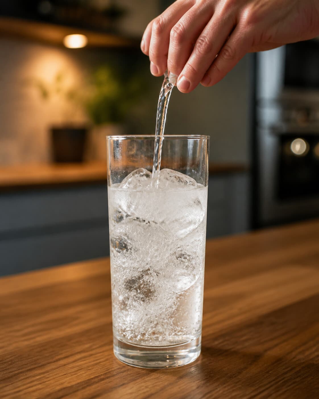 氷を入れた背の高いグラスへ炭酸水を注ぐ手元