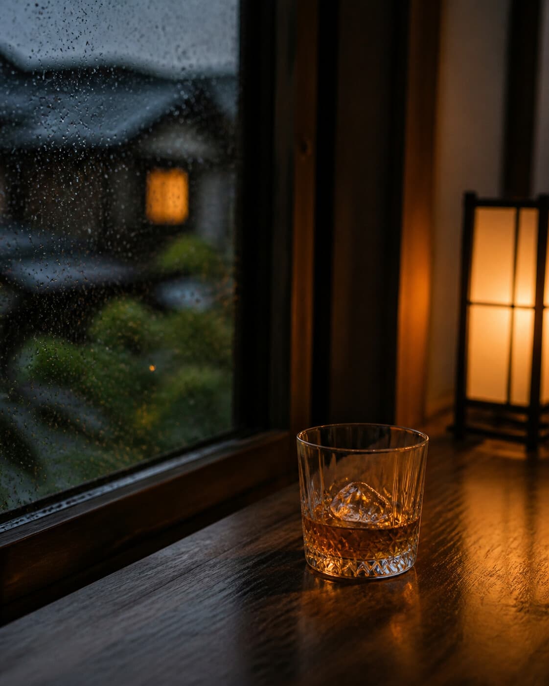 雨粒のついた窓辺の木のテーブルに置かれたロックグラス