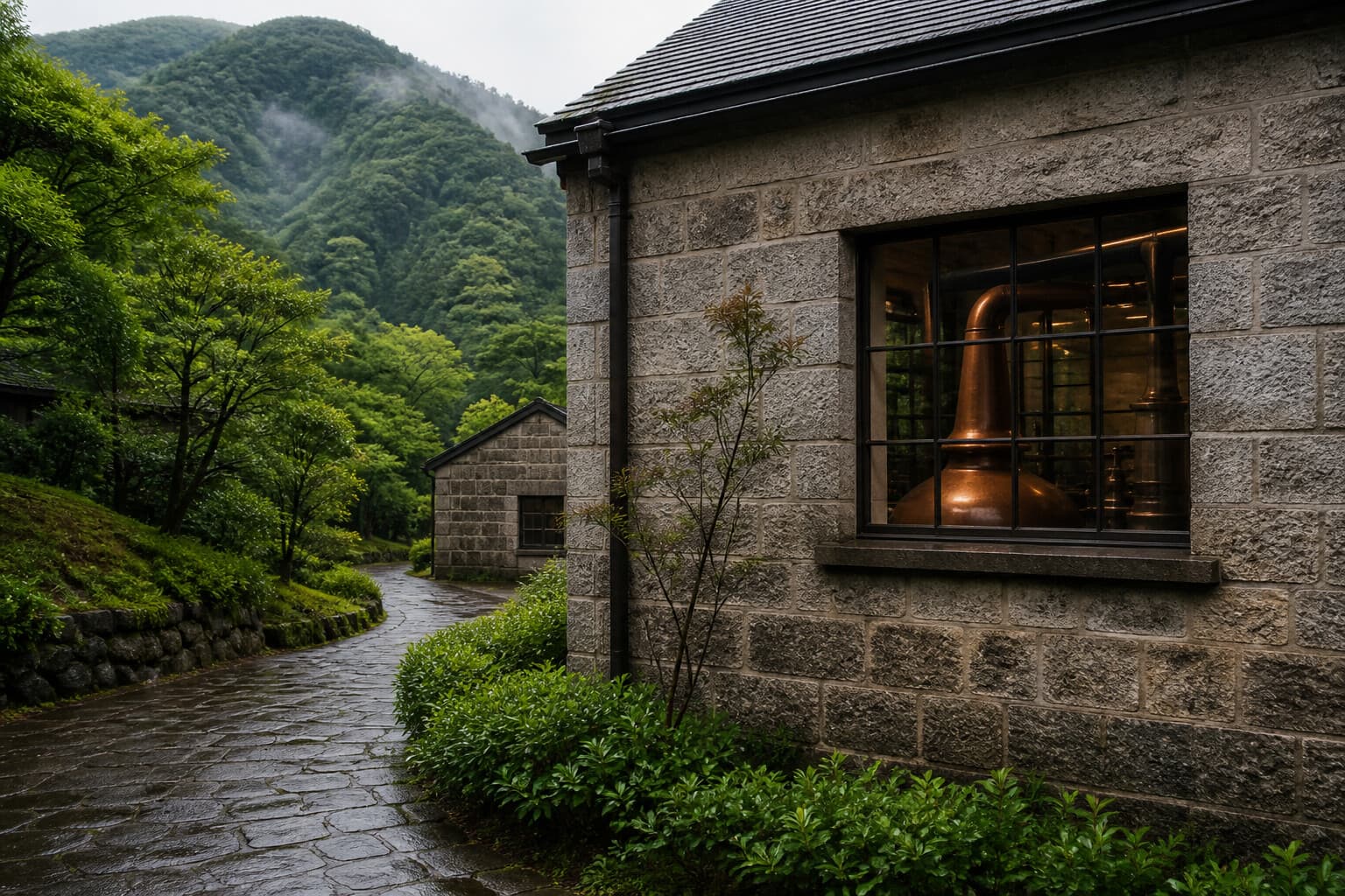 緑の山あいと石畳の小道に面した小さな蒸溜所の建物