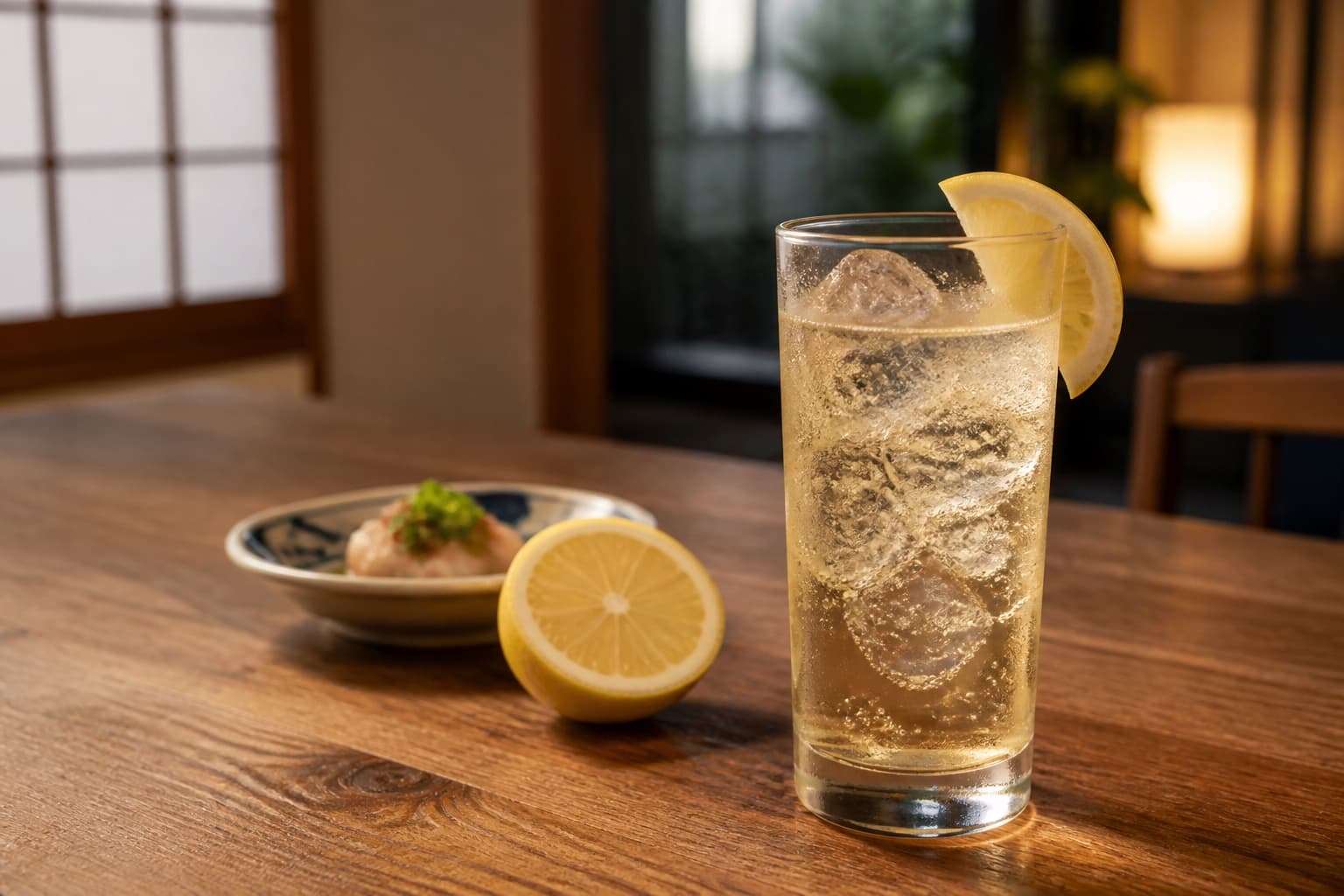 日本の食卓に置かれたレモン入りのハイボールと半分に切ったレモン