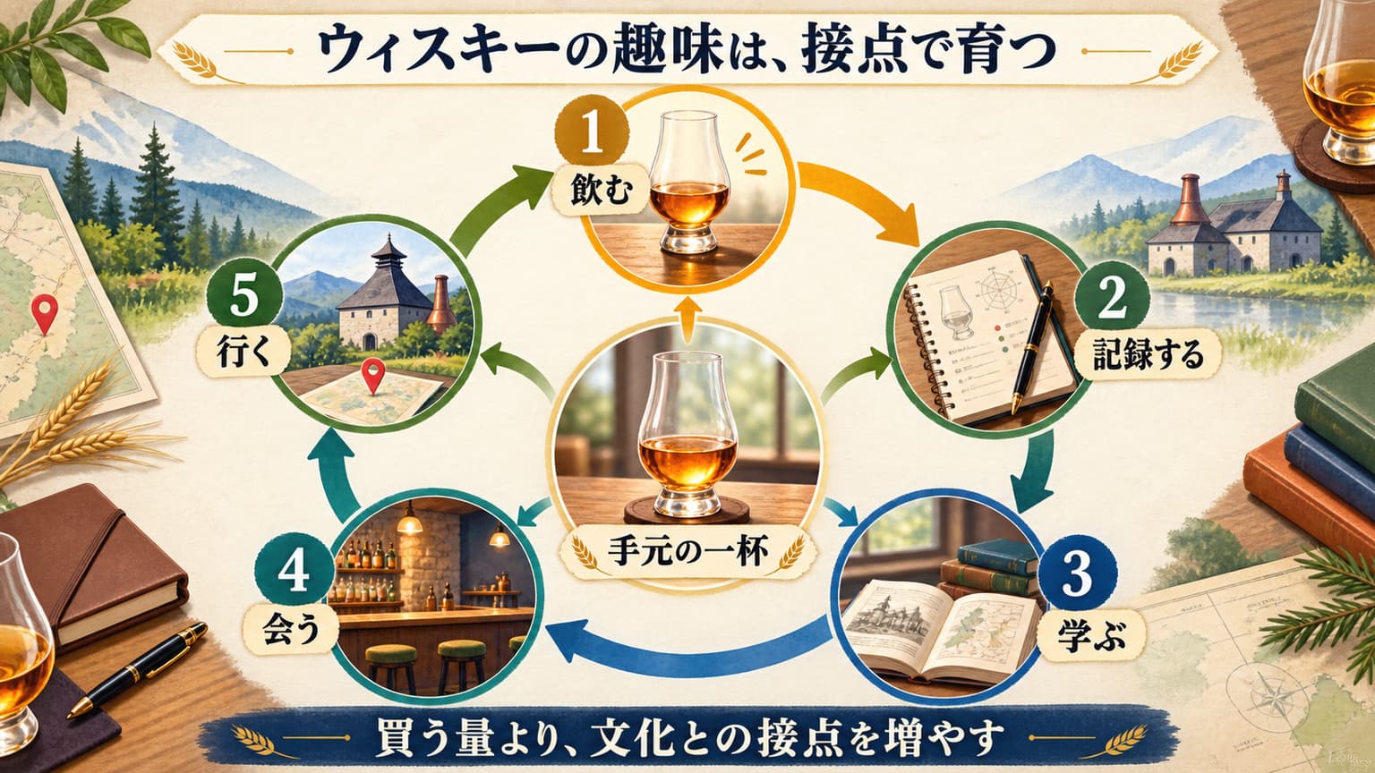 手元の一杯を中心に、飲む、記録する、学ぶ、会う、行くの5段階が循環する様子を示した図