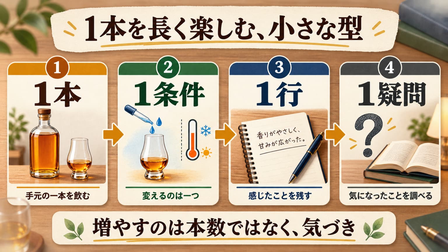 1本、1条件、1行、1疑問の4つのカードで、ウィスキーを長く楽しむ小さな型を示した図