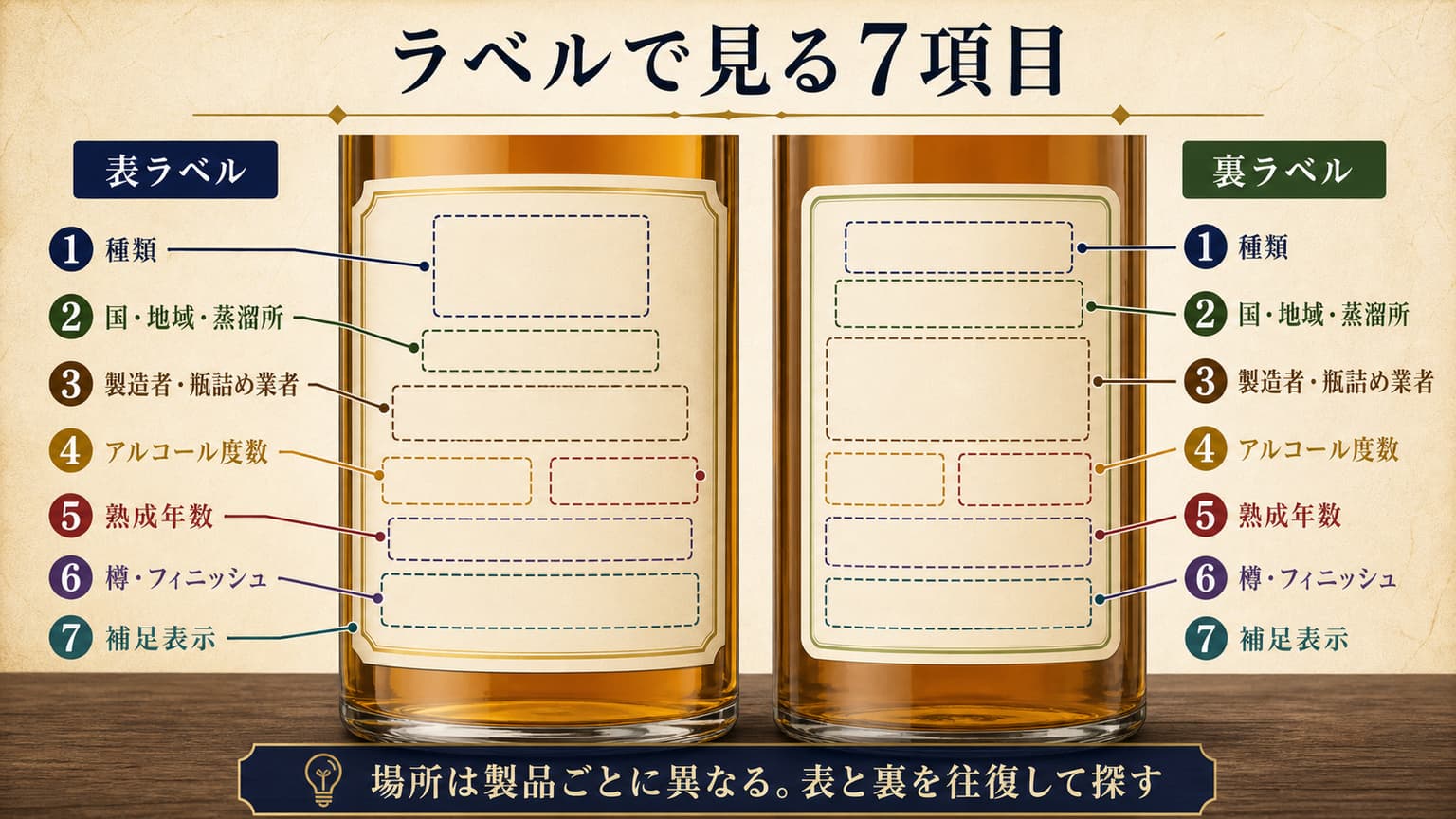 無銘柄のウィスキーボトルの表裏ラベルへ、種類、地域、製造者、度数、年数、樽、補足表示の7項目を番号で示した図