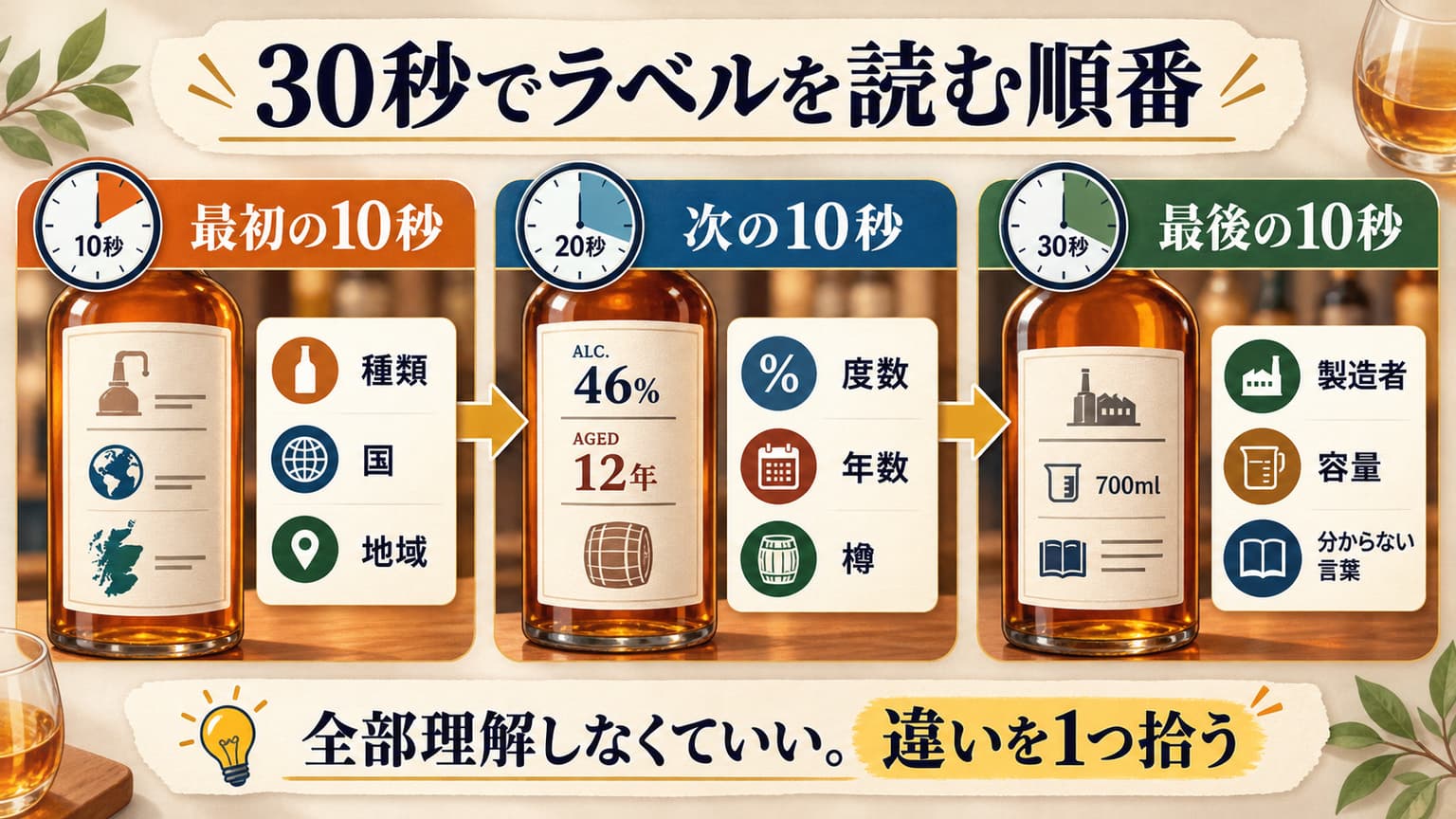 最初の10秒、次の10秒、最後の10秒に分けてウィスキーラベルを読む順番を示した図