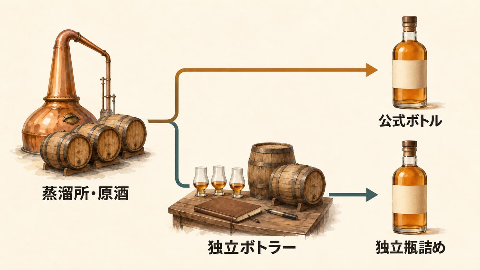 蒸溜所の原酒から公式ボトルへ向かう経路と独立ボトラーを経て独立瓶詰めへ向かう経路を示した関係図