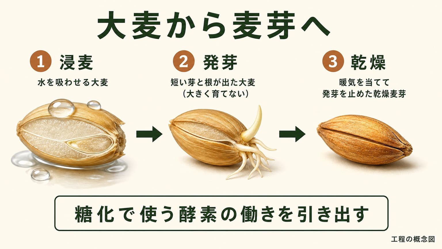 大麦が浸麦、発芽、乾燥の3段階を経て麦芽になる概念図