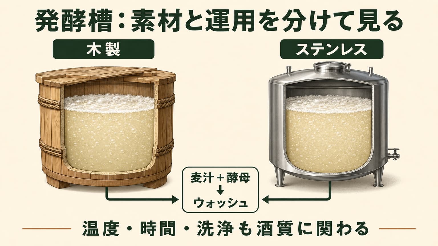 木製とステンレス製の発酵槽の断面と、麦汁と酵母からウォッシュになる関係を示す概念図