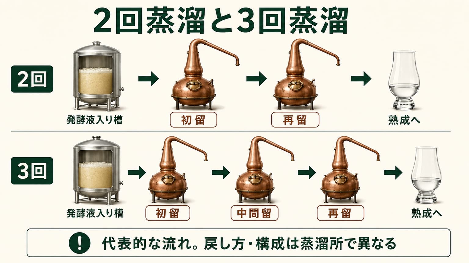 2回蒸溜は初留と再留、3回蒸溜は初留、中間留、再留を通る代表的な流れの比較図