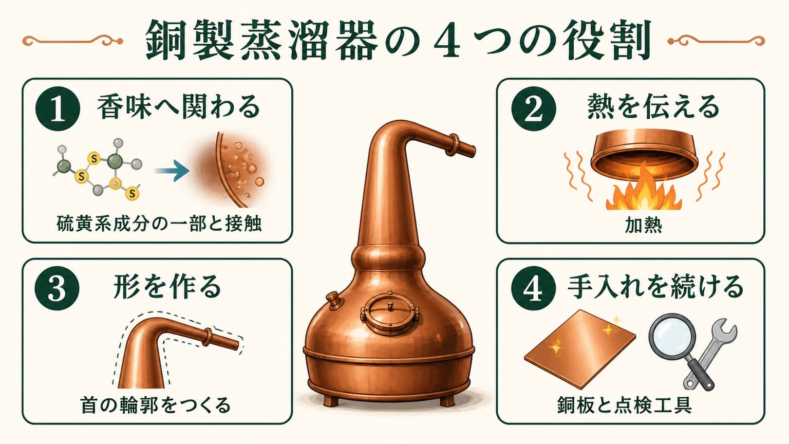 銅製蒸溜器の香味、熱伝導、成形、点検という4つの役割を示す概念図