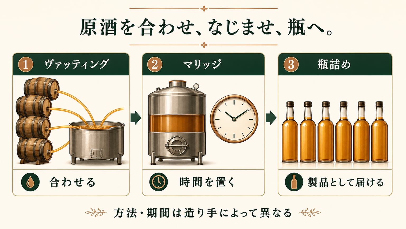 複数樽の原酒を合わせ、容器でなじませ、瓶詰めへ進む3工程の図