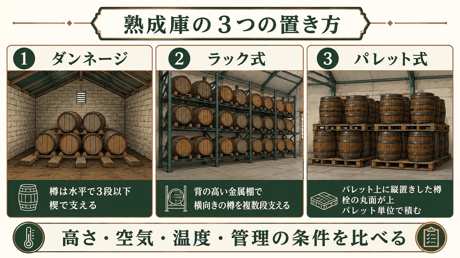 ダンネージの低い横積み、ラックの棚への横置き、パレットへの縦置きを比べる概念図
