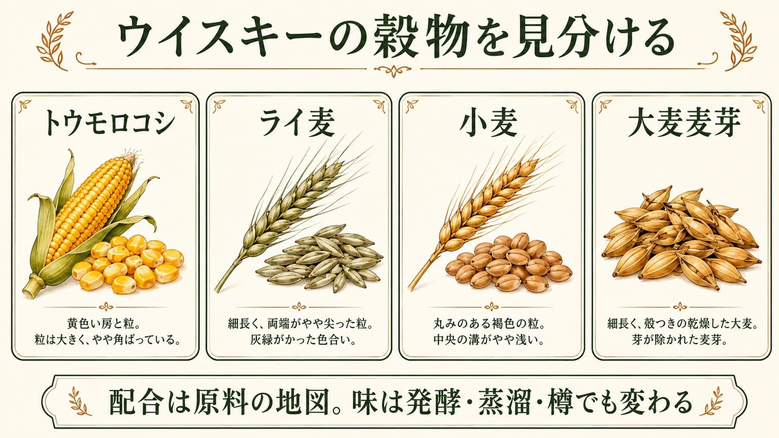 トウモロコシ、ライ麦、小麦、大麦麦芽の穂と粒を並べた比較図