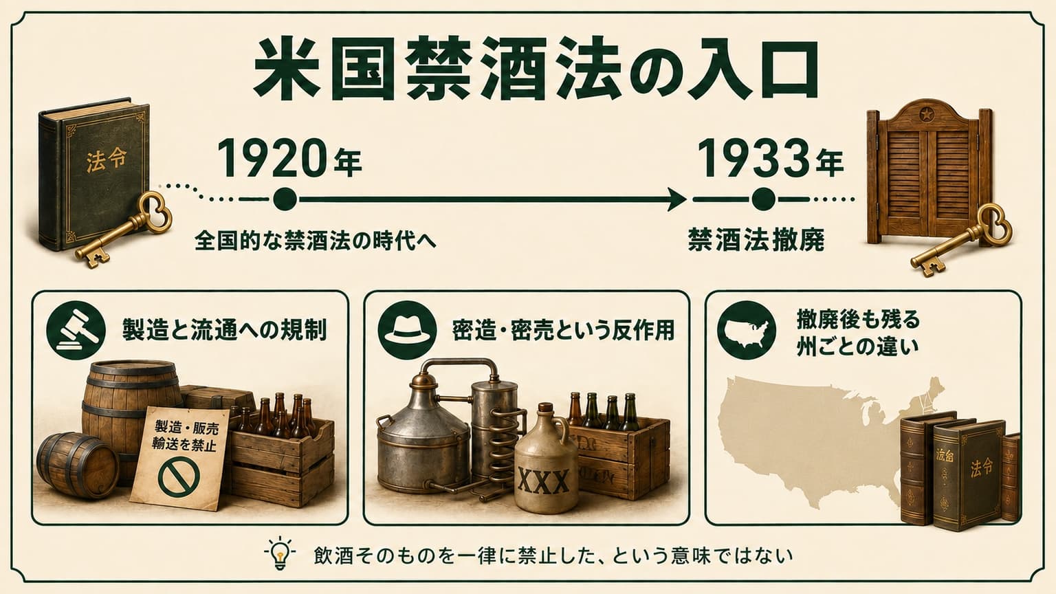 1920年の全国的禁酒法の施行から1933年の撤廃までと、製造・流通への影響を示す図