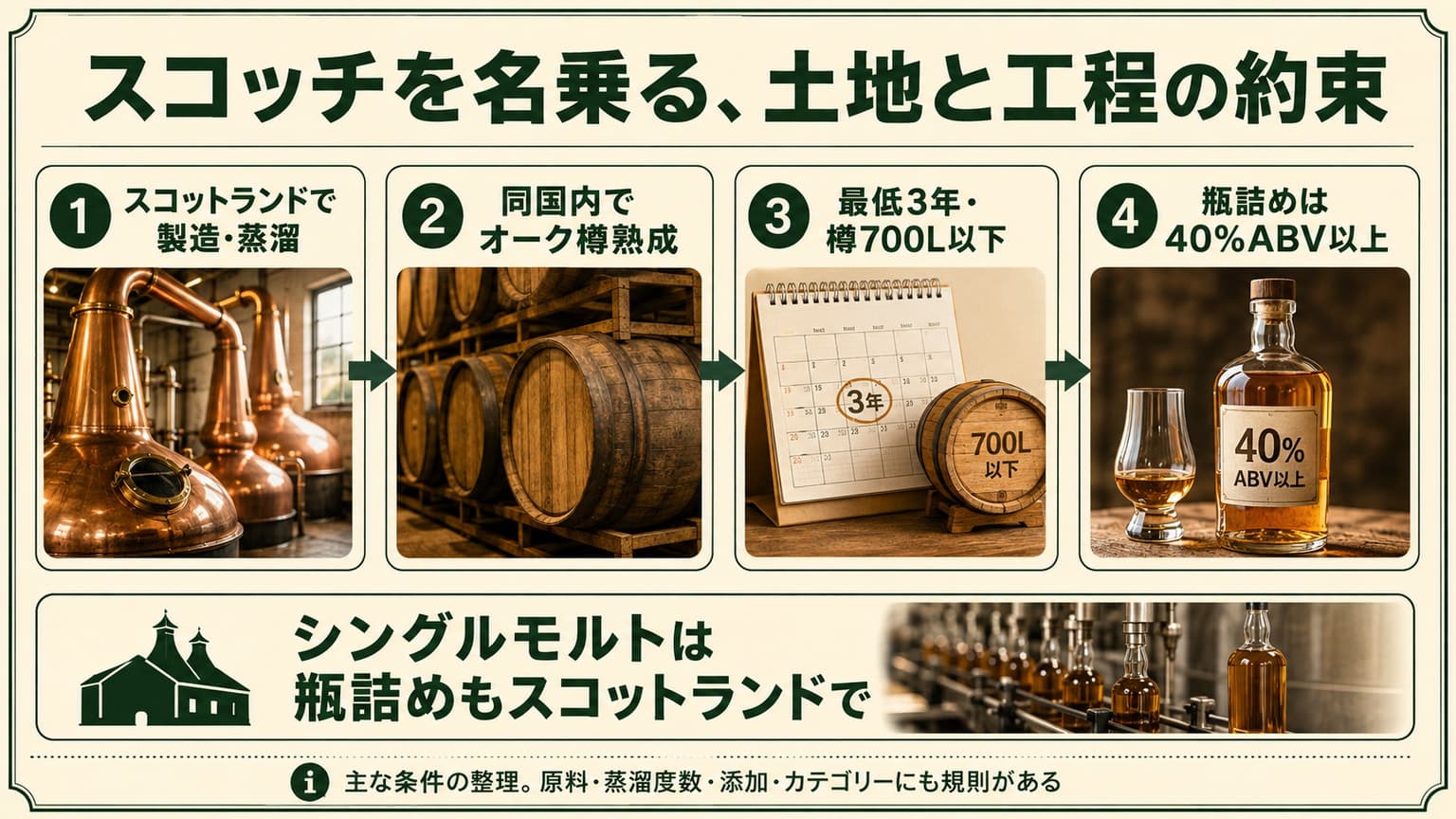 スコットランドでの製造、オーク樽熟成、最低3年と700L以下、アルコール度数40%以上の瓶詰めを示す図