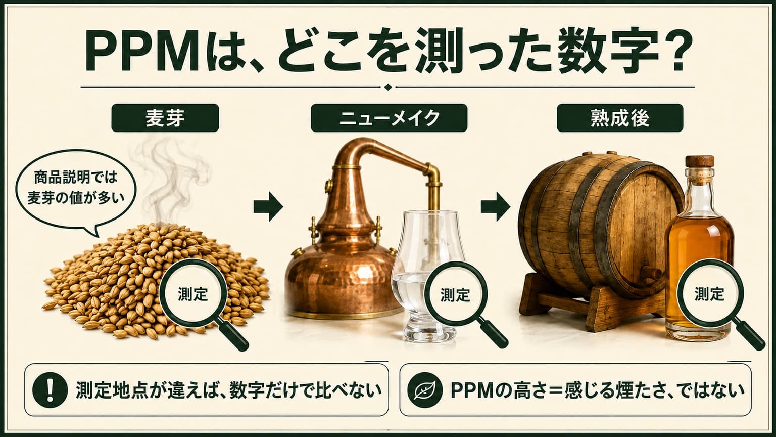 麦芽、蒸溜直後のニューメイク、熟成後の3段階で測定地点の違いを示す図