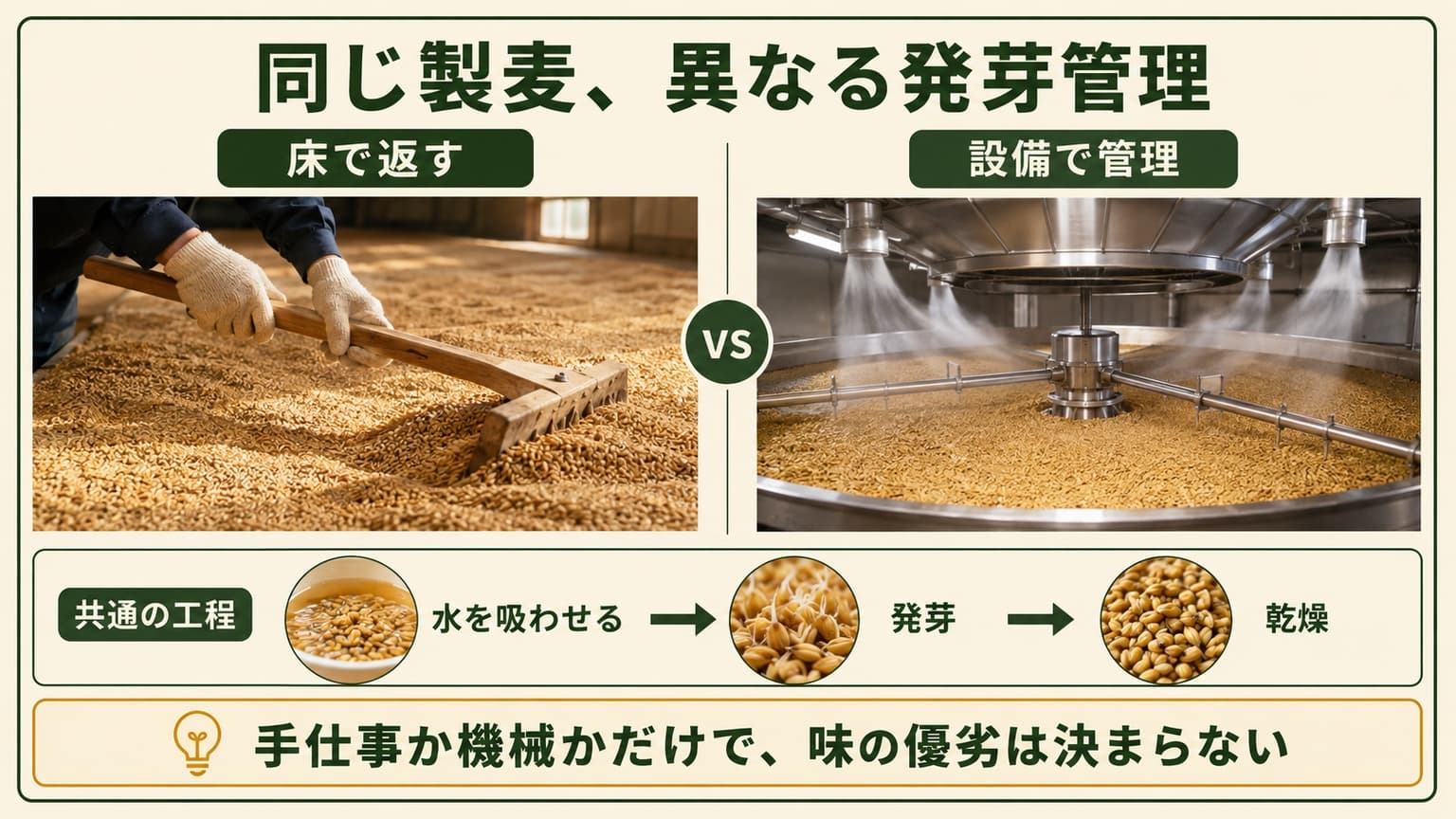 床で大麦を返す方法と、発芽容器で撹拌・送風を管理する方法の比較図