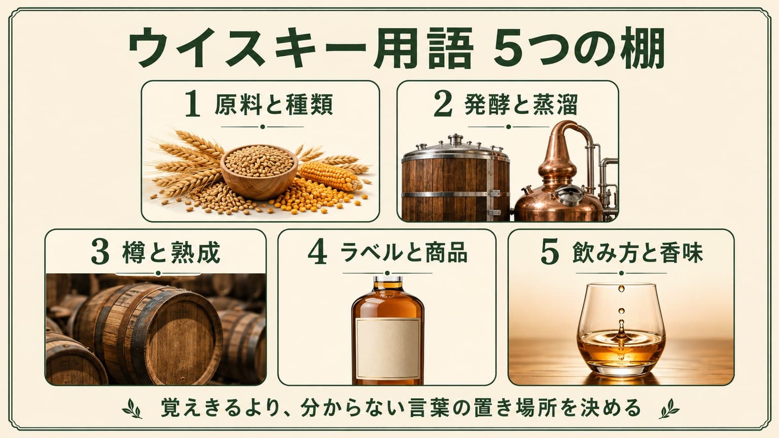 原料、発酵と蒸溜、樽と熟成、ラベル、飲み方という用語を整理する5つの棚