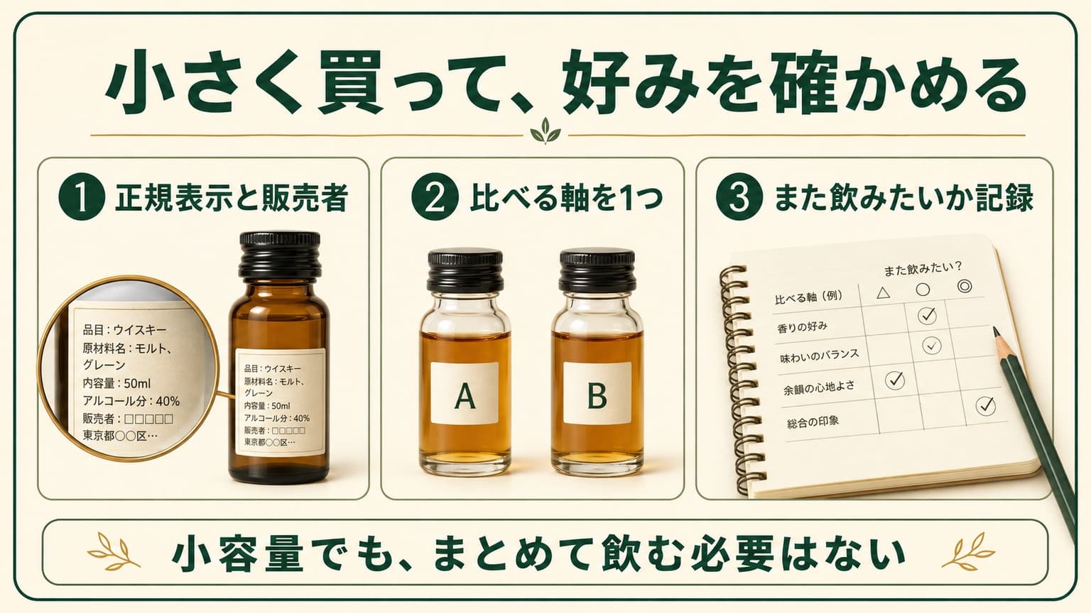 小容量ウイスキーの表示・販売者、比較軸、好みの記録という3つの確認を示す図