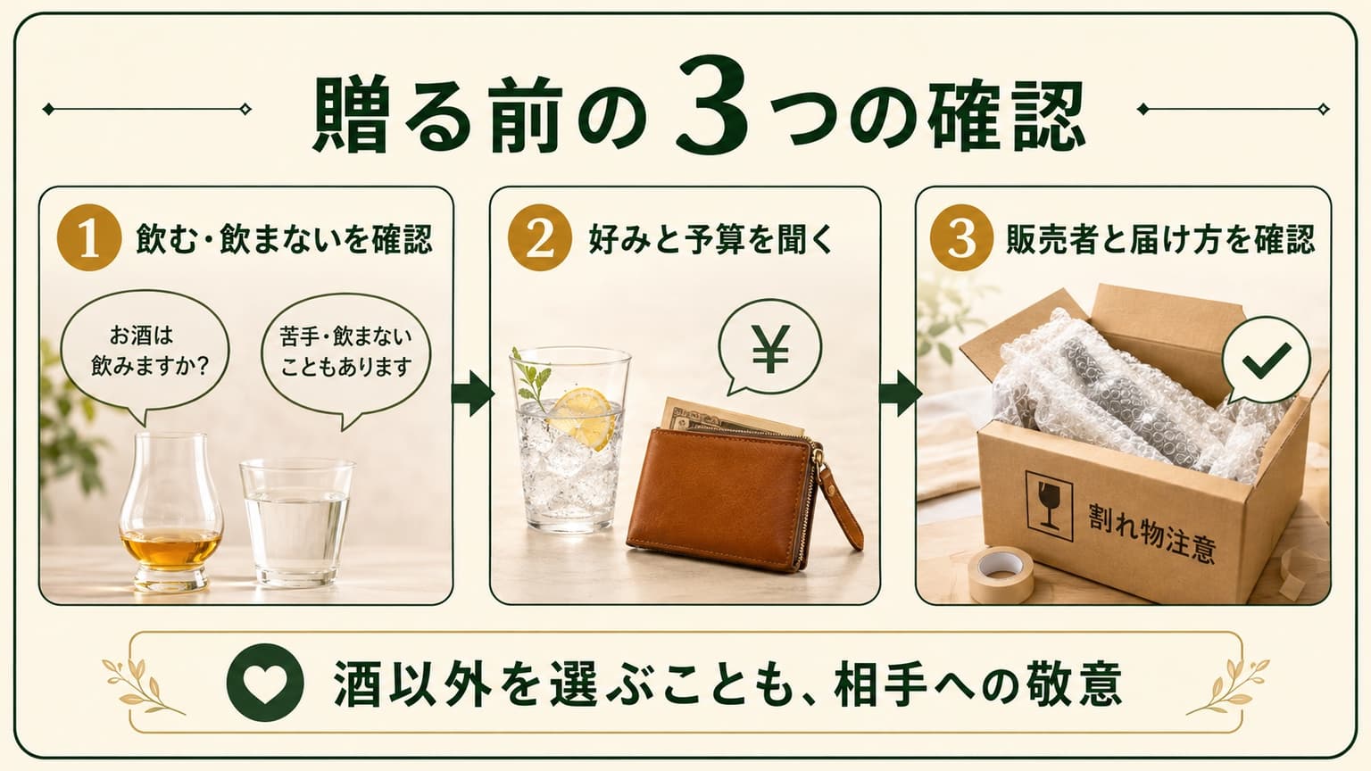 飲酒の意向、好みと予算、販売者と届け方を確認する贈り物の3段階