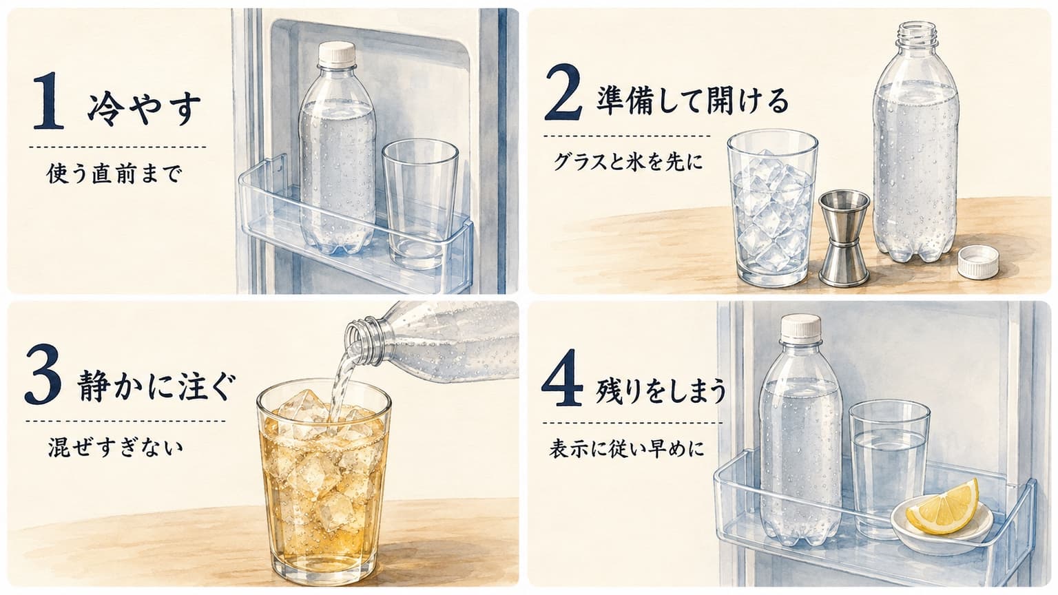炭酸水を冷やし、準備して開け、静かに注ぎ、残りを冷蔵する4段階を示した図