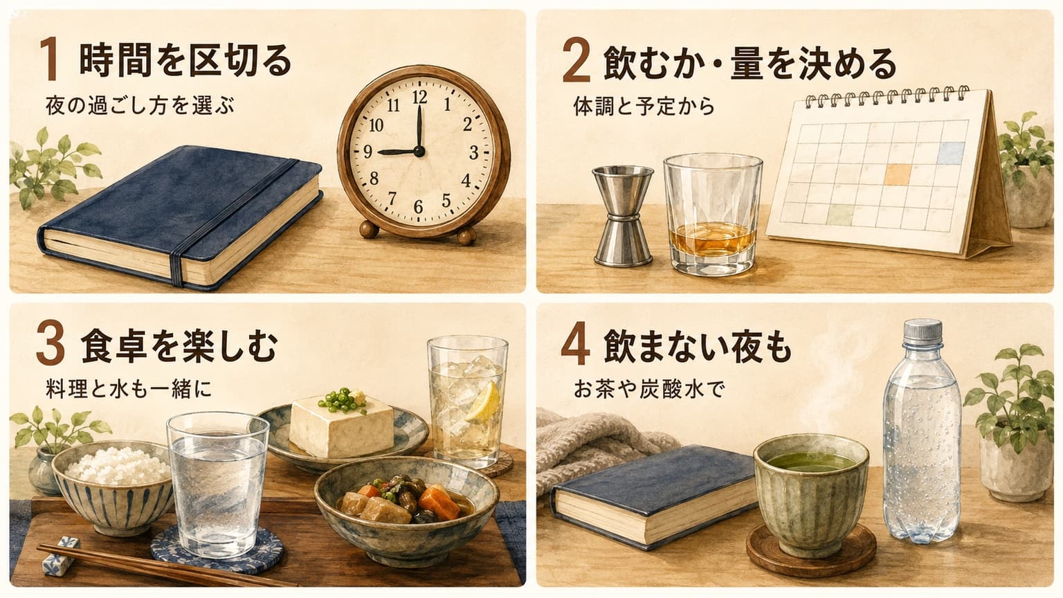 夜の過ごし方を時間の区切り、飲むかと量、料理と水、飲まない夜の4つに分けた図