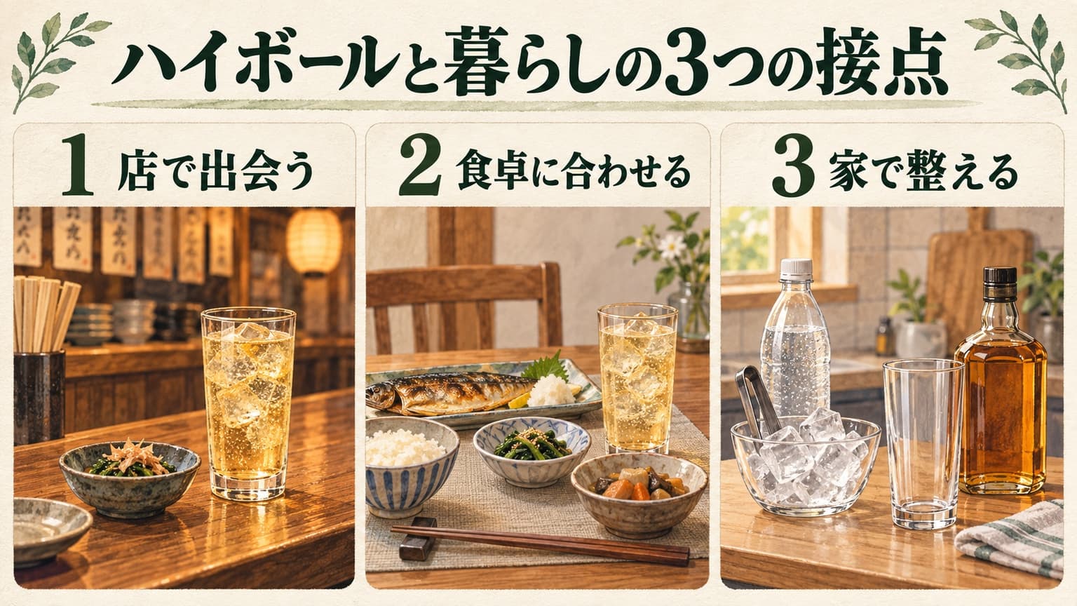 店のカウンター、料理が並ぶ食卓、家庭の道具を並べ、ハイボールと暮らしの3つの接点を示した図