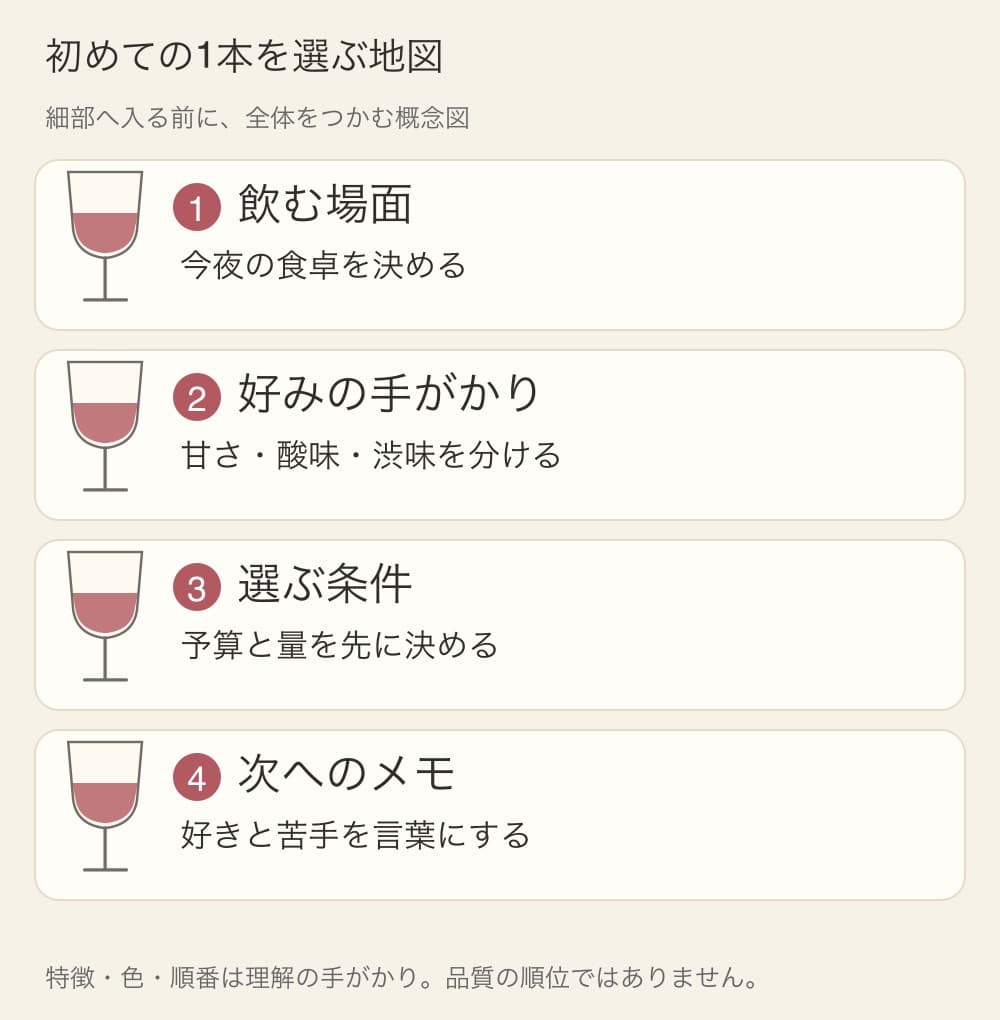 1は飲む場面、2は好みの手がかり、3は選ぶ条件、4は次へのメモと整理したワインの概念図