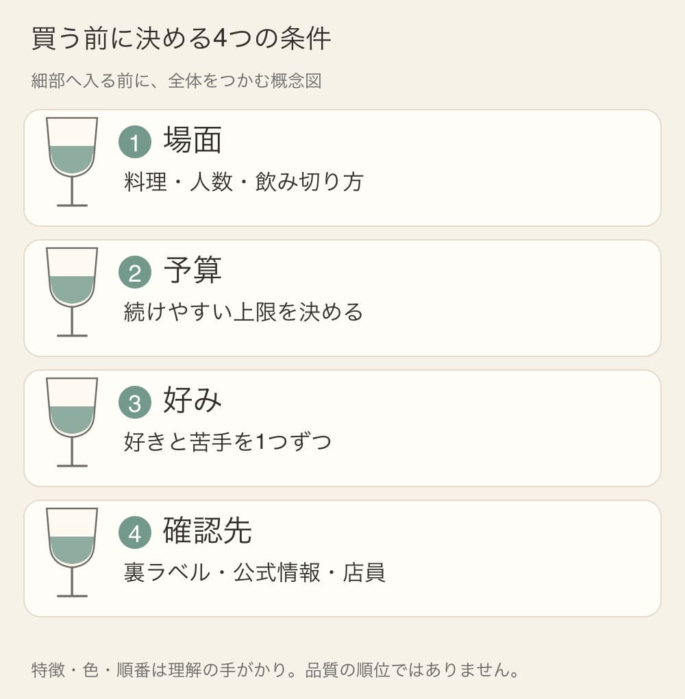 1は場面、2は予算、3は好み、4は確認先と整理したワインの概念図
