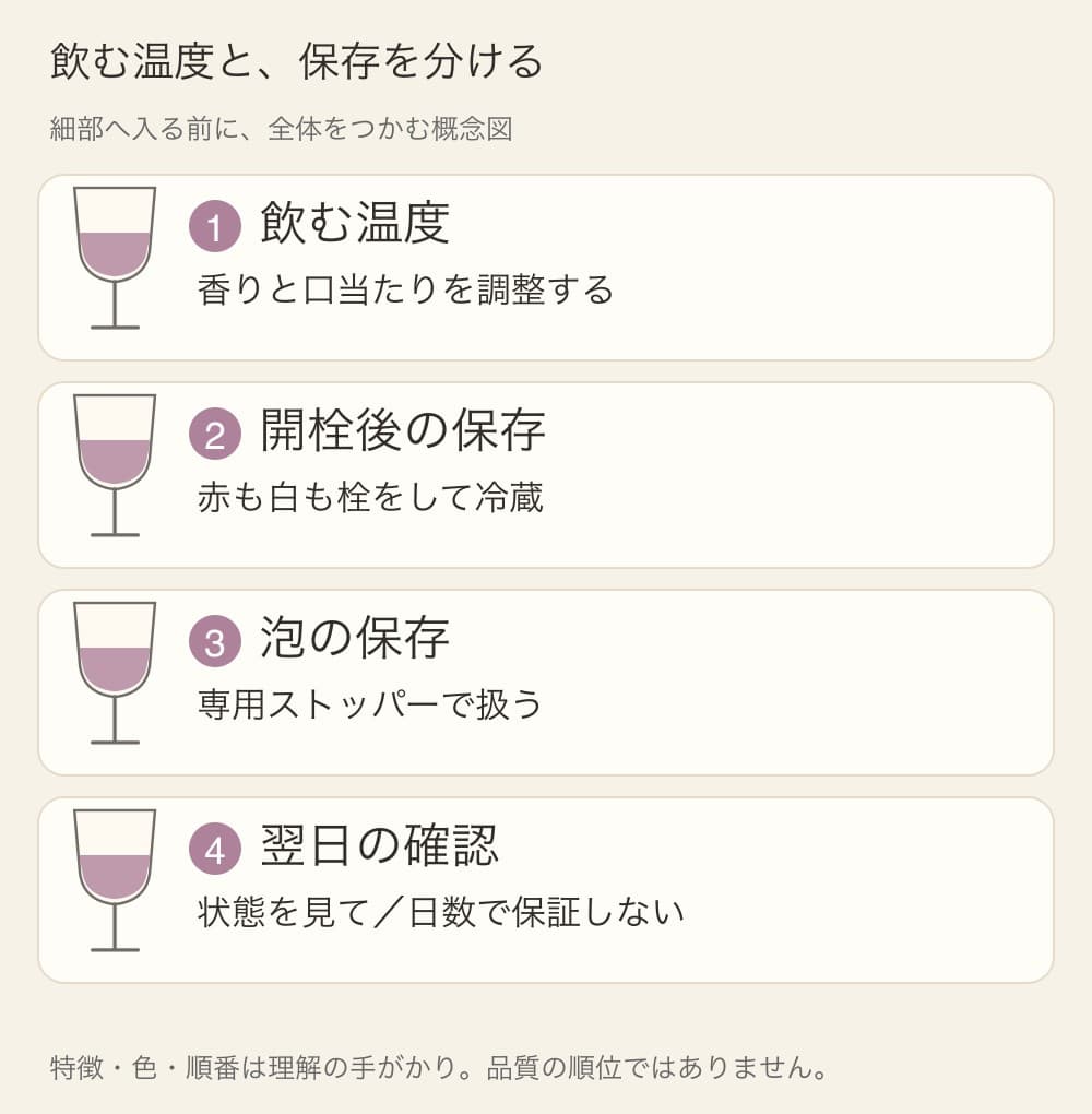 1は飲む温度、2は開栓後の保存、3は泡の保存、4は翌日の確認と整理したワインの概念図