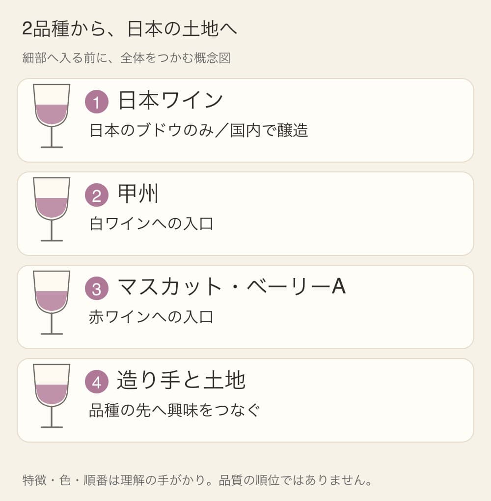 1は日本ワイン、2は甲州、3はマスカット・ベーリーA、4は造り手と土地と整理したワインの概念図