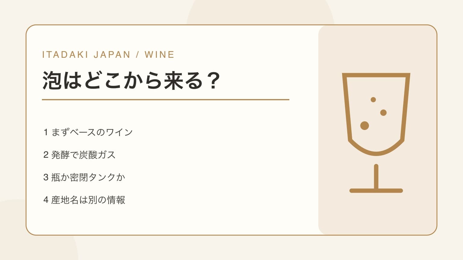 ベースのワイン、二次発酵、容器、産地表示を示す泡のワインの表紙イラスト