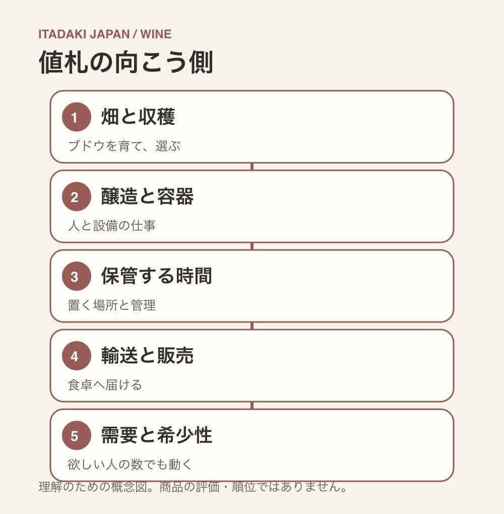 畑、造り、時間、届ける仕事、需要の5つが価格に重なる概念図