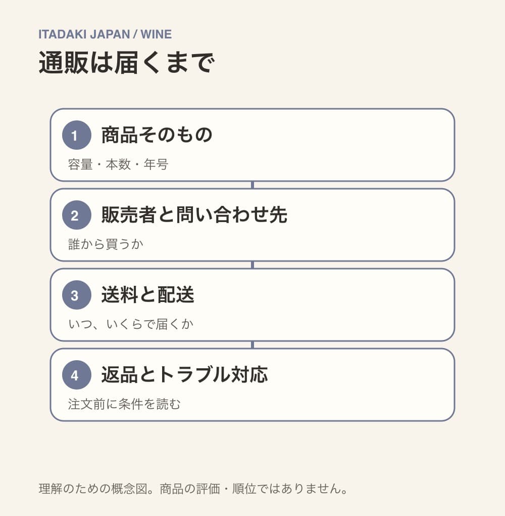 ワイン通販で商品情報、販売者、配送費用、返品条件を順に確認する図