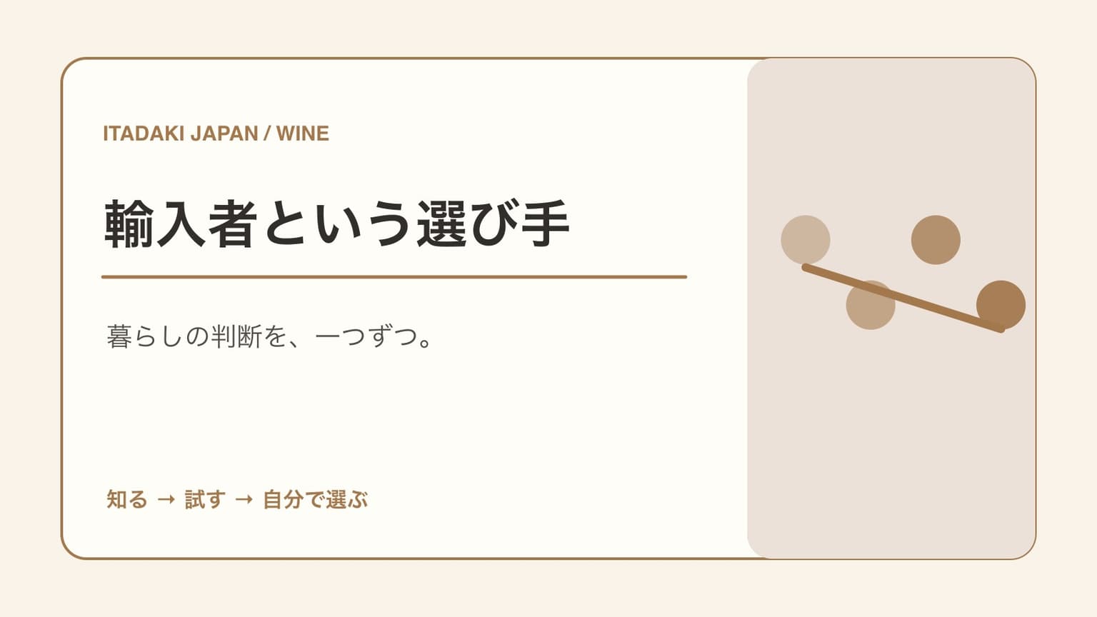 「輸入者という選び手」の文字と4つの丸、斜めの線を描いた表紙図